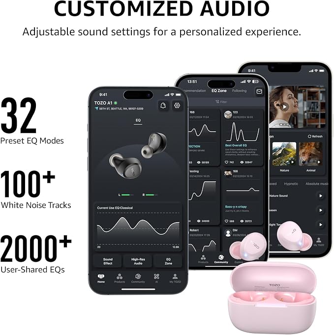 TOZO A1 Wireless Earbuds Bluetooth 5.3 Light Weight in Ear Headphones | IPX5 Waterproof, 2 Mics for AI Calls, Immersive Premium Sound Bass Ear buds with Charging Case, 32 Presets EQ via TOZO App