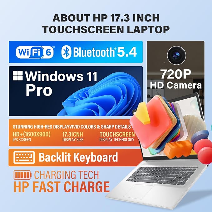 HP 17.3" Touchscreen Business Laptop, 32GB RAM, 1TB SSD, AMD Ryzen 5 7430U | Backlit Keyboard, Windows 11 Pro, Fast Charge, AI Copilot, 17.3" HD+ Anti-Glare Display, Wi-Fi 6, w/Accessories