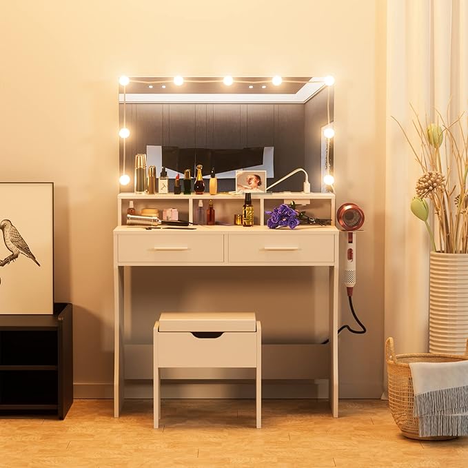 Makeup Vanity with Lighted Mirror & Power Outlet, Makeup Table Vanity Set with 3 Lighting Colors, Brightness Adjustable, White