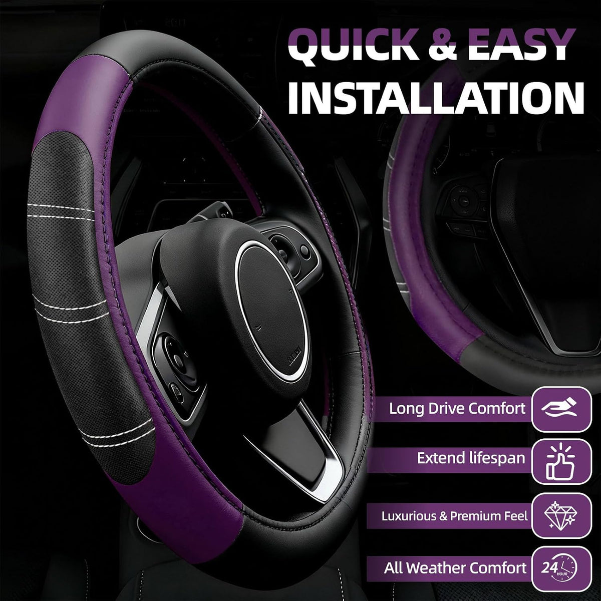 NBTEPEM 6 Pcs Purple Steering Wheel Cover Set, Sport Microfiber Leather Steering Wheel Cover 14.5-15inch Universal, Car Center Console Cover, Seat Belt Cushion, Cup Coasters, Purple Car Accessories
