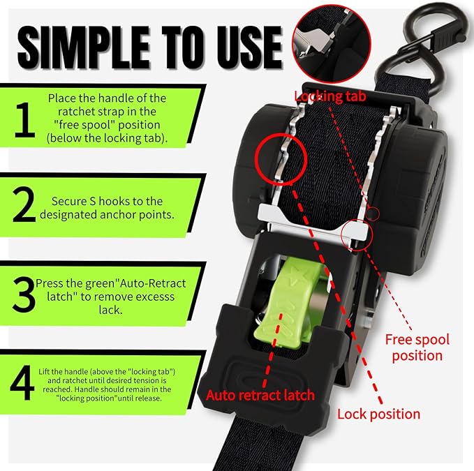 Retractable Ratchet Straps 1 Inch x 12 Feet Heavy Duty Tie Downs Auto Retract Ratchet Strap 1760lb Break Strength Self Retracting for Truck,Cargo,Trailer,Motorcycle,ATV,UTV (Black-Green,2 Pack)