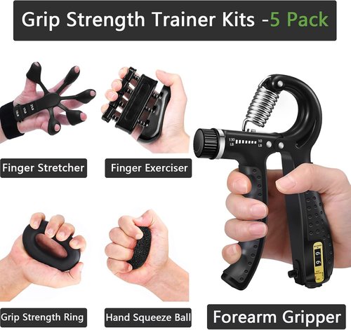 Grip Strength Trainer Kit - 5 Pack Adjustable Resistance Hand Grippers & Stress Relief Balls for Muscle Building