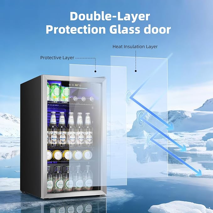 Antarctic Star Mini Fridge -130 Can Beverage Refrigerator for Soda Beer or Wine, Stainless steel door frame, for Office or Bar with Adjustable Removable Shelves, Silver, 3.1 Cu.Ft