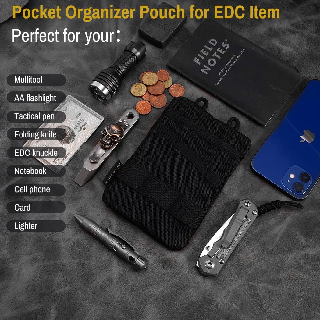 VIPERADE VE1-P Pocket Organizer, EDC Pocket Organizer Men, EDC Organizer Pouch Tool Pouch with 5 Tool Storage EDC Pouch for Flashlight, Pocket Knife, Tactical Pen, EDC Gear (Black)