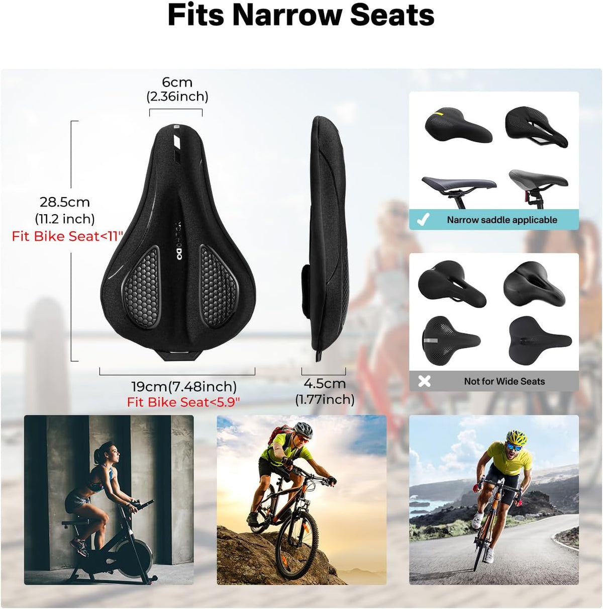 YOUNGDO Gel Bike Seat Cushion - Waterproof Cover, Shock Absorbing Pad for Peloton, BMX, MTB & Road