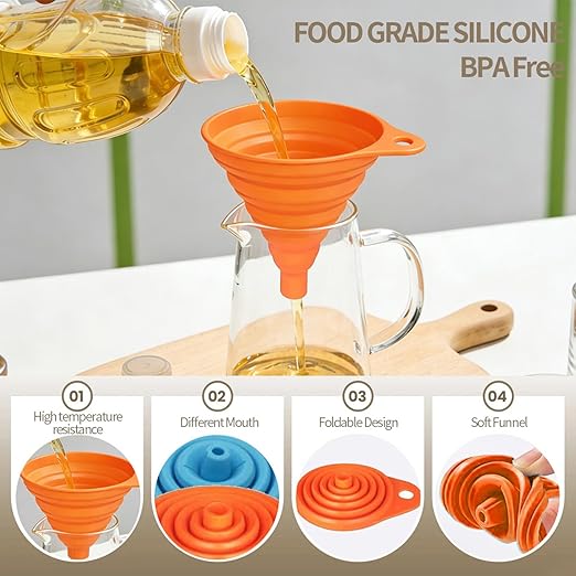 4-Pack Kitchen Funnel Set, Small and Large, Upgraded Kitchen Gadgets Accessories Foldable Silicone Collapsible Funnels for Filling Water Bottle Liquid Transfer Food Grade