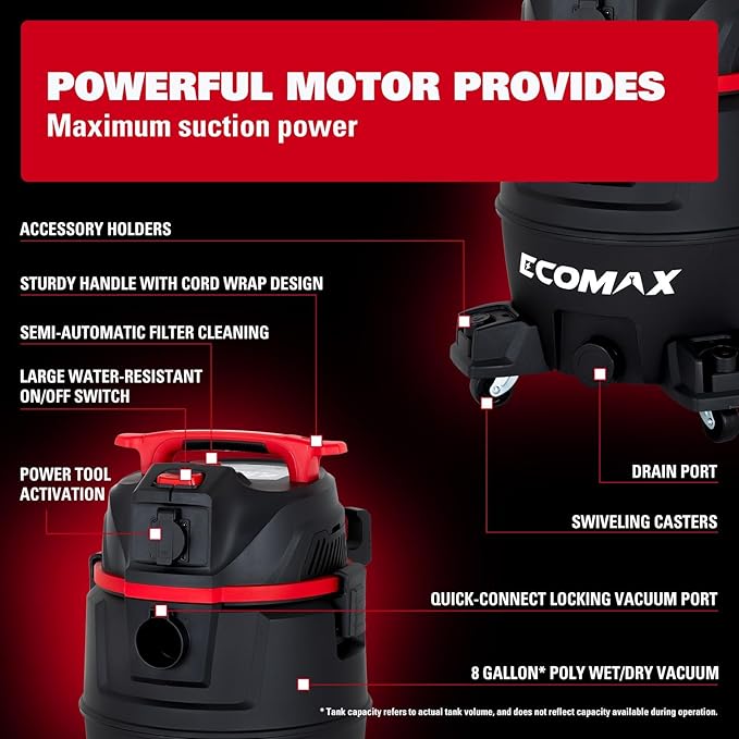 ECOMAX Dust Extractor & Shop Vac 2-in-1, Semi-Automatic Filter Clean, HEPA Filter, 8 Gallon 6.5 HP Wet Dry Vacuum, Anti-Static Hose, Dust-Full Indicator, for Woodworking, Workshop and Garage