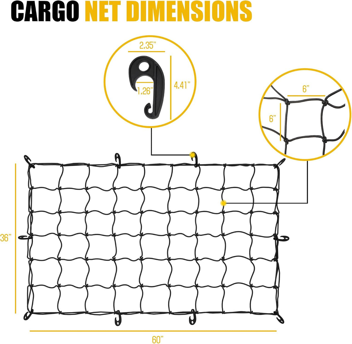 ARKSEN 36 x 60 Inch Heavy Duty Tangle-Free Nylon Cargo Net Universal Bungee Stretches with Storage Bag for Pickup Truck, Bed, SUV, & Rooftop Travel Luggage Rack