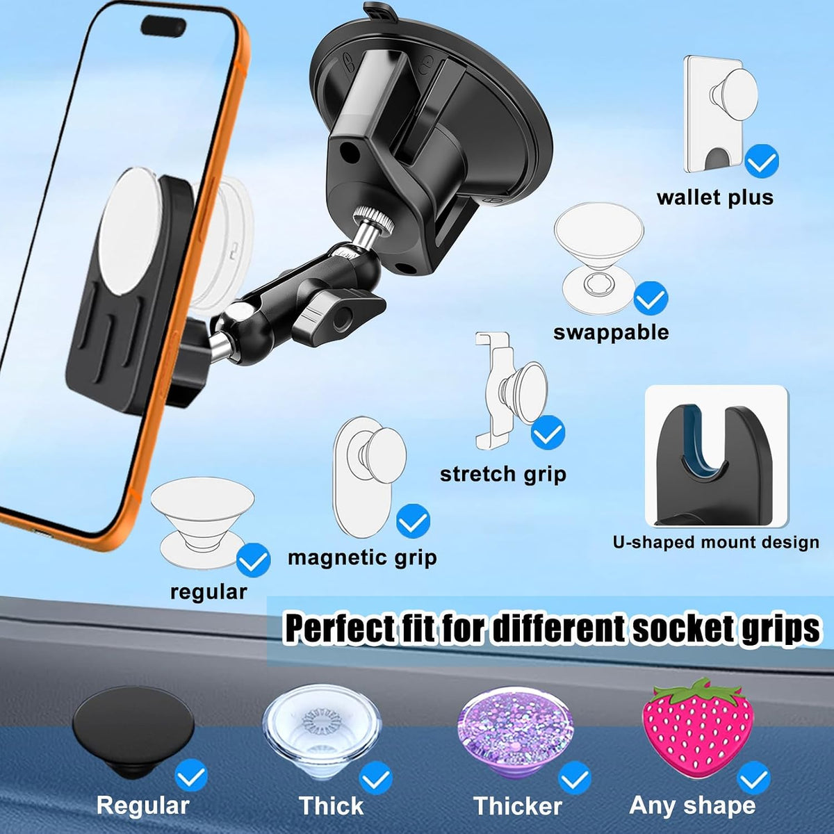 Car Phone Holder for Pop Socket, Suction Cup Car Phone Mount for PopSocket