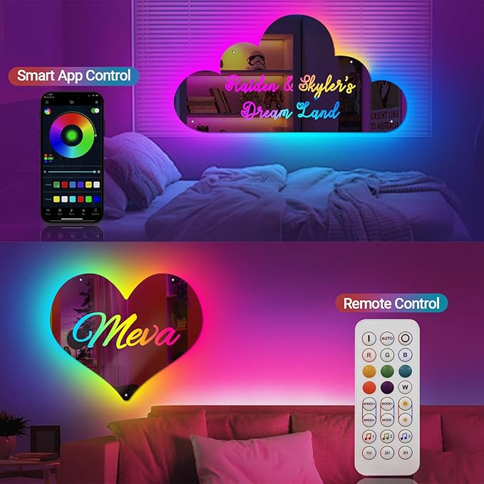 Personalized Name Mirror LED Light with Remote, RGB Custom Name Light Up Signs for Bedroom, Color Changing LED Mirror Name Signs Party Music Sync, Neon Sign Customizable Smart APP Control
