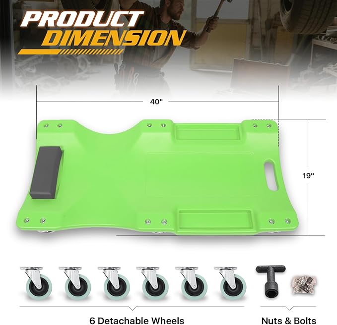 Magshion Automotive Creeper Under Car Roller, 40 Inch Low Profile Creepers with Padded Headrest and Tool Tray, 330 lbs Capacity Portable Floor Creeper for Home Garage Automotive Shop (Green)