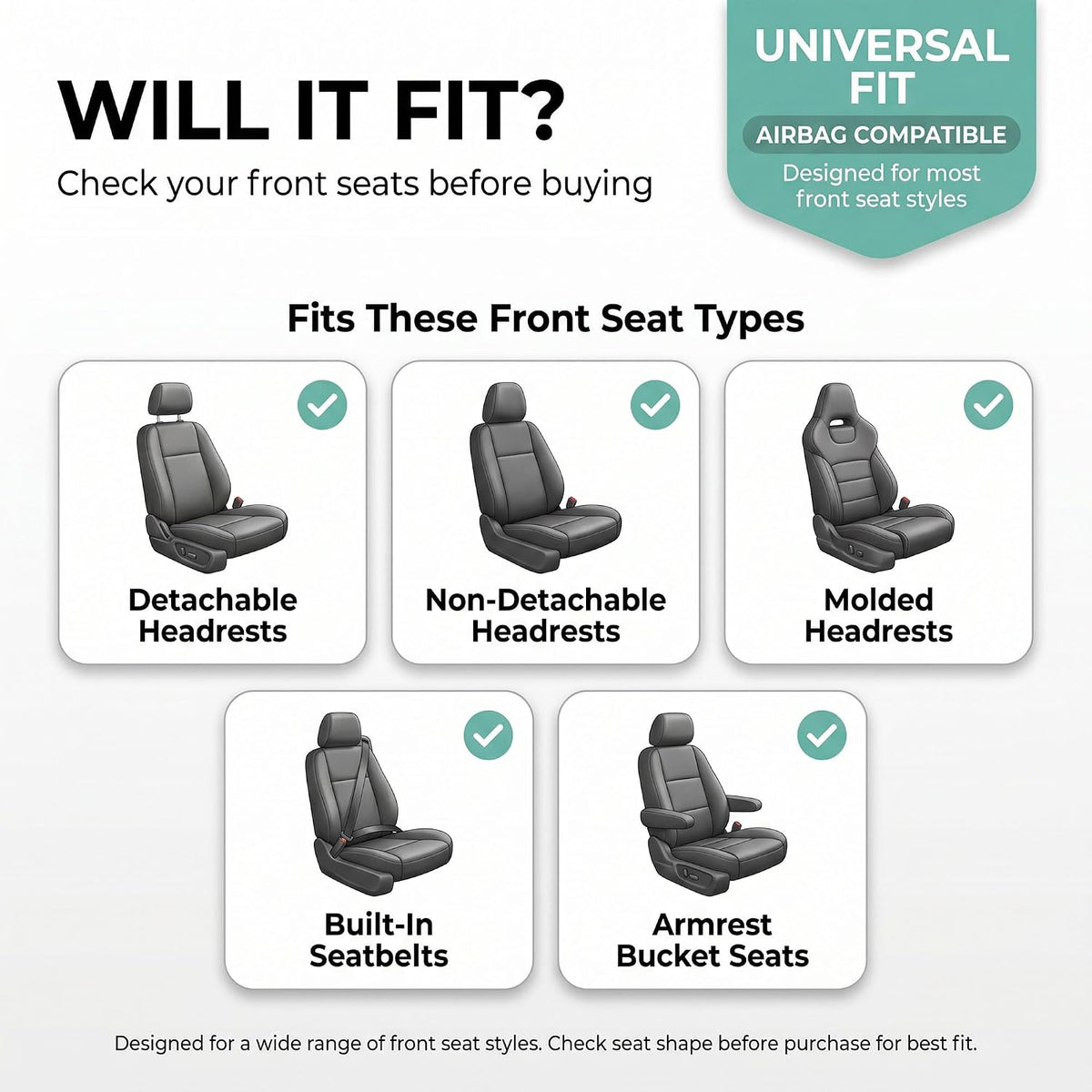 FH Group Front Set Faux Leather Car Seat Covers Cushions for Low Back Seat, Universal Fit, Airbag Compatible Seat Cover for SUV, Sedan Gray/Black