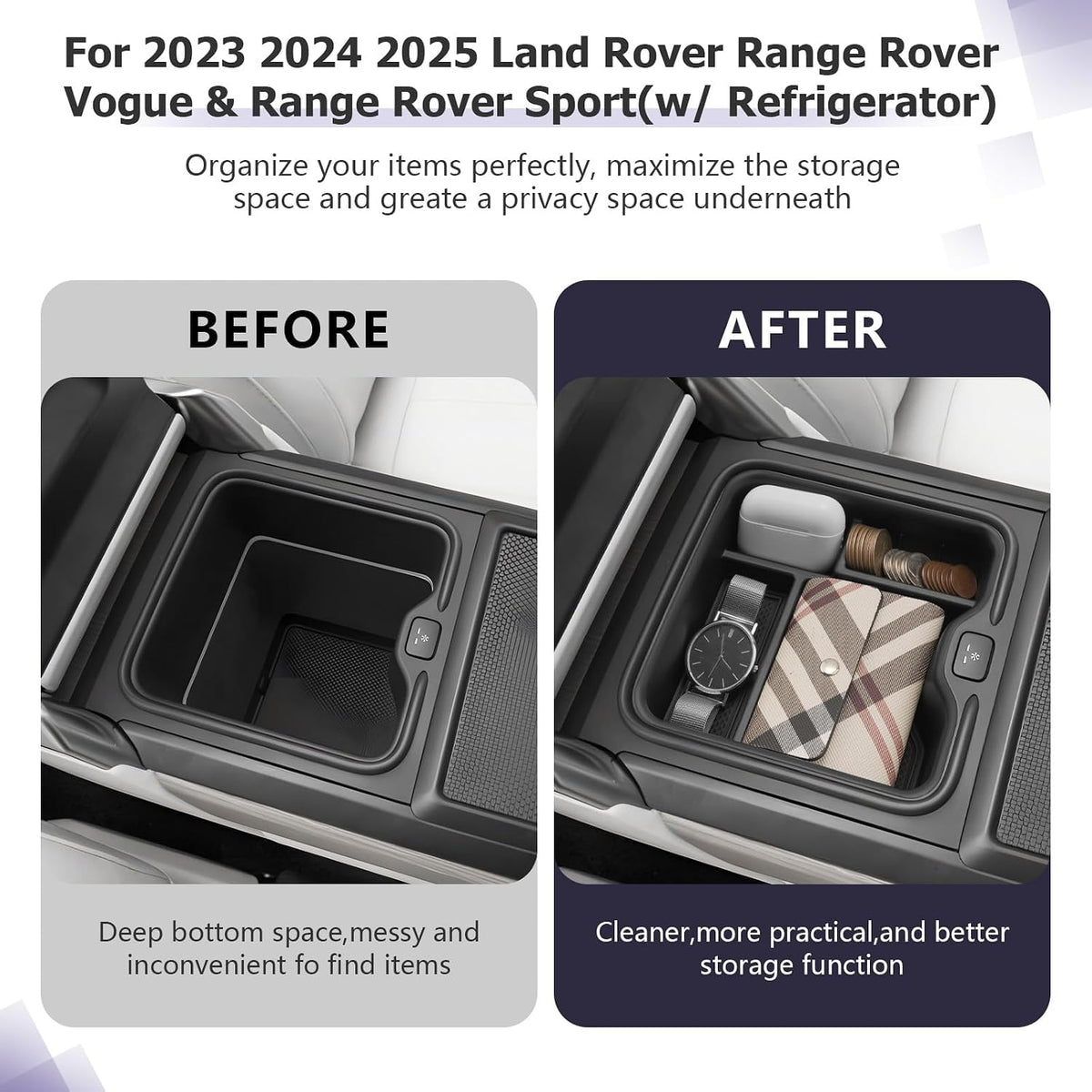 LUWU R Ange R Over Center Console Organizer Compatible with 2023 2024 2025 Land Rover R Ange R Over Vogue/Sport Accessories Armrest Console Organizer Armrest Organizer Insert Tray (w/Refrigerator)