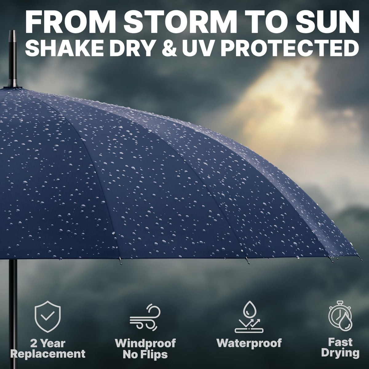 Royal Walk Large Windproof Umbrella for 2 - Navy Blue, 54 Inch, Auto Open, Wooden Handle, 16 Ribs