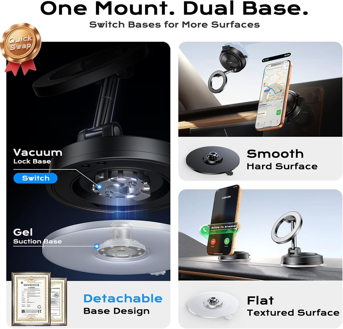 NeverDrop Car Mount for MagSafe [2 Bases for Any Surface | 118+LBS Ultra Grip | 2400gf Strong Magnetic] 360° Adjustable Car Phone Holder, Phone Holders for Your Car for All Smartphones, Carbon Fiber