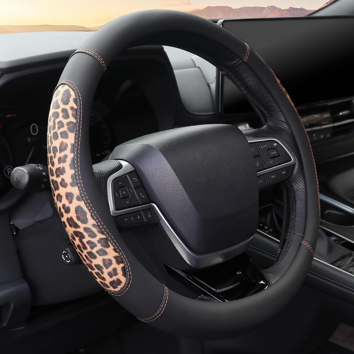 KAFEEK 15 in Leopard Steering Wheel Cover, Microfiber Leather, Black Beige