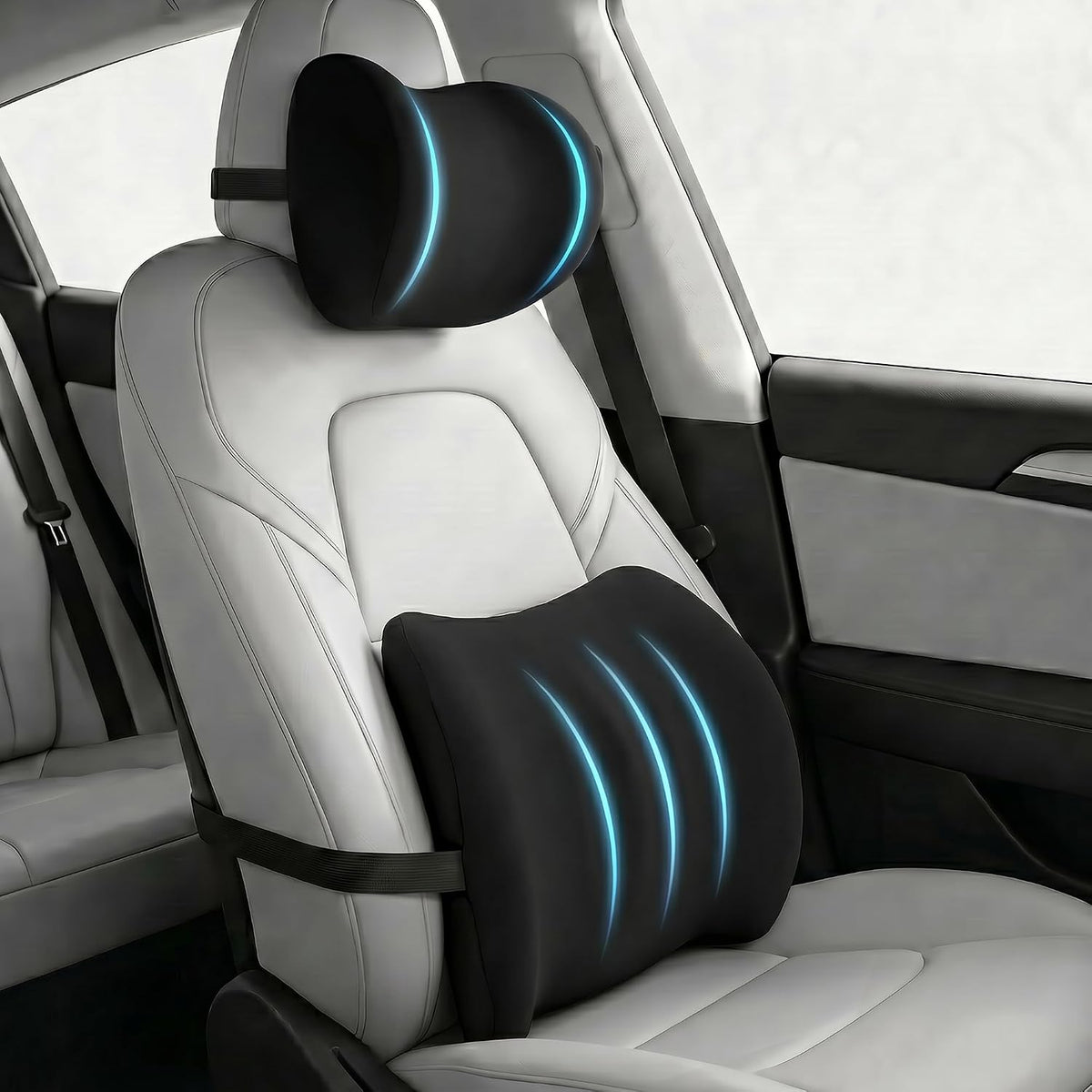 Universal Memory Foam Car Neck Pillow and Lumbar Support Pillow Set, Black