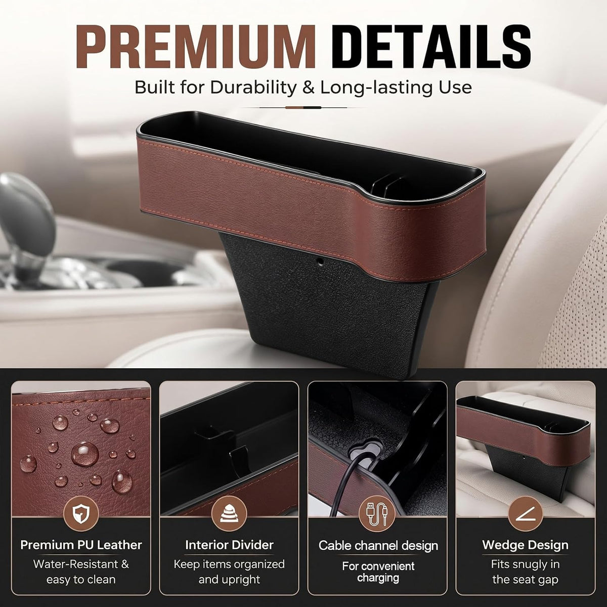 BBTO 2 Pack Car Seat Gap Filler Organizer with Cup Holder, Brown PU Leather