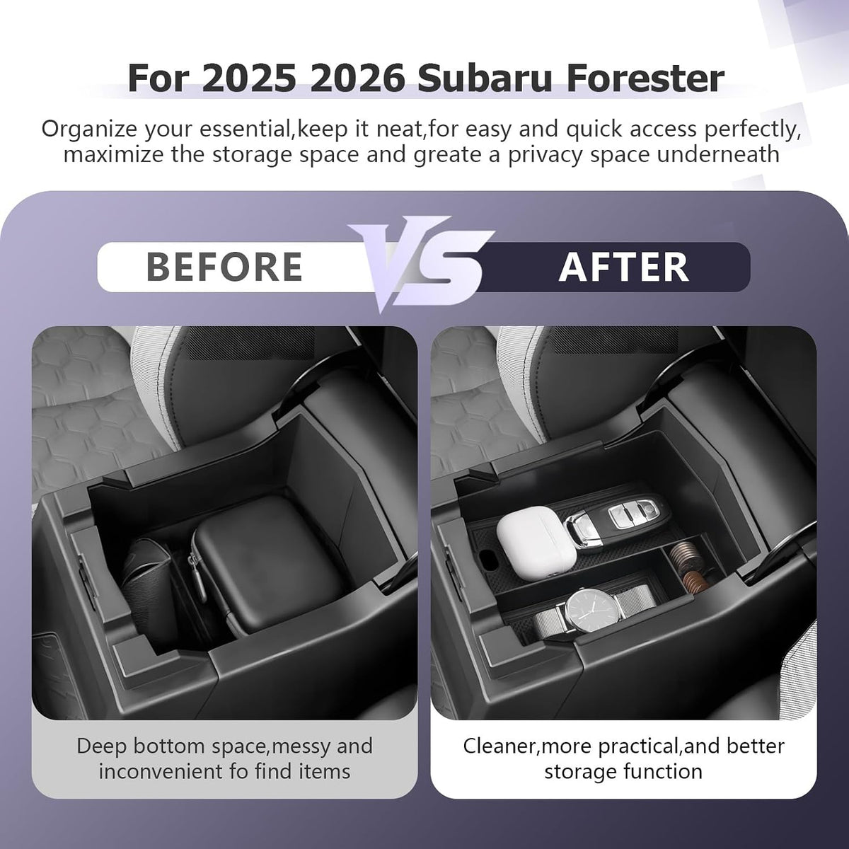 LUWU for 2025 Subaru Forester Accessories for 2025 Forester Base/Sport/Limited Armrest Console Secondary Storage Box Insert Tray ABS Material Black (Not for 2026 Touring/Wilderness/Premium)