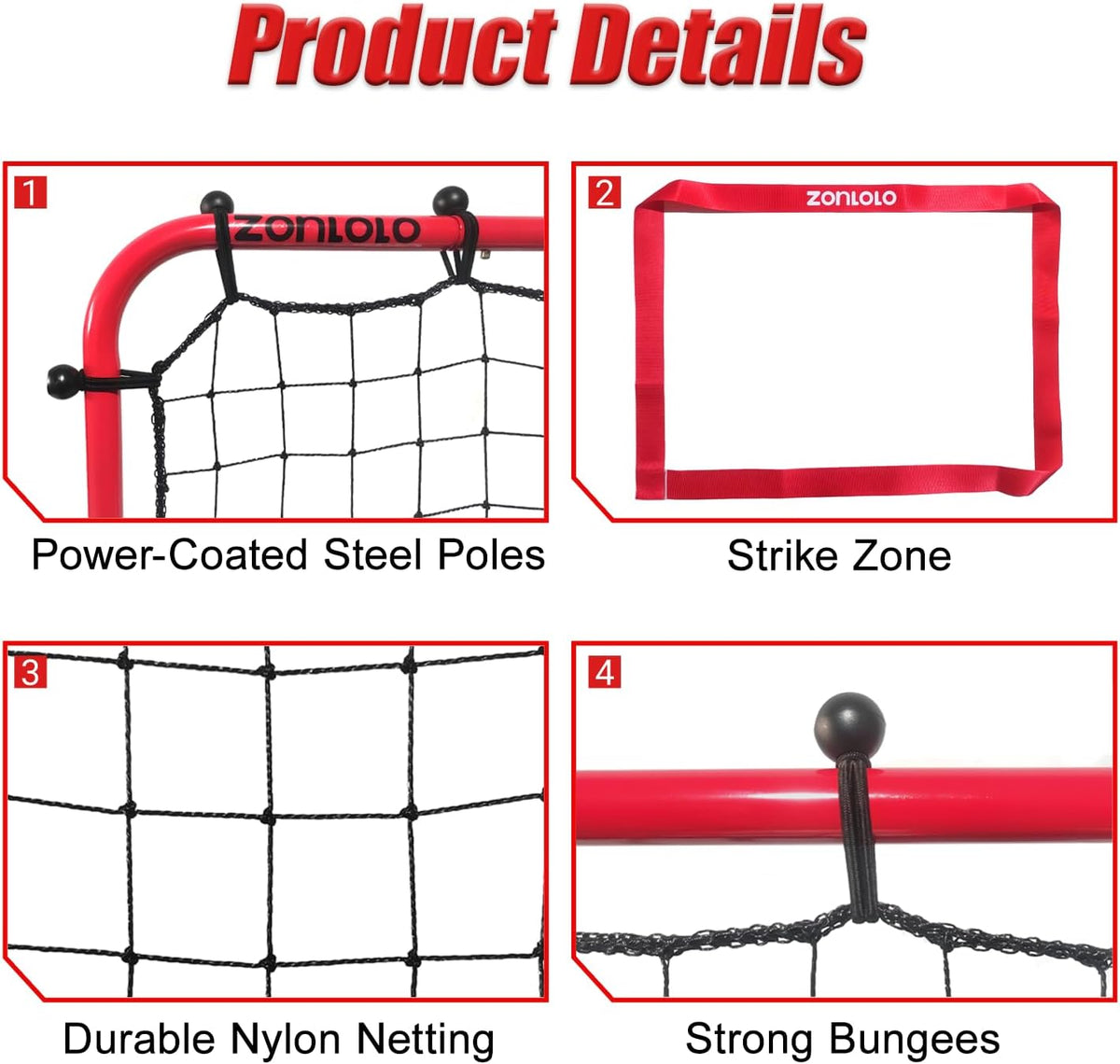 Zonlolo Baseball Pitchback Net - Adjustable Rebounder Trainer for Solo Practice | Three Angles