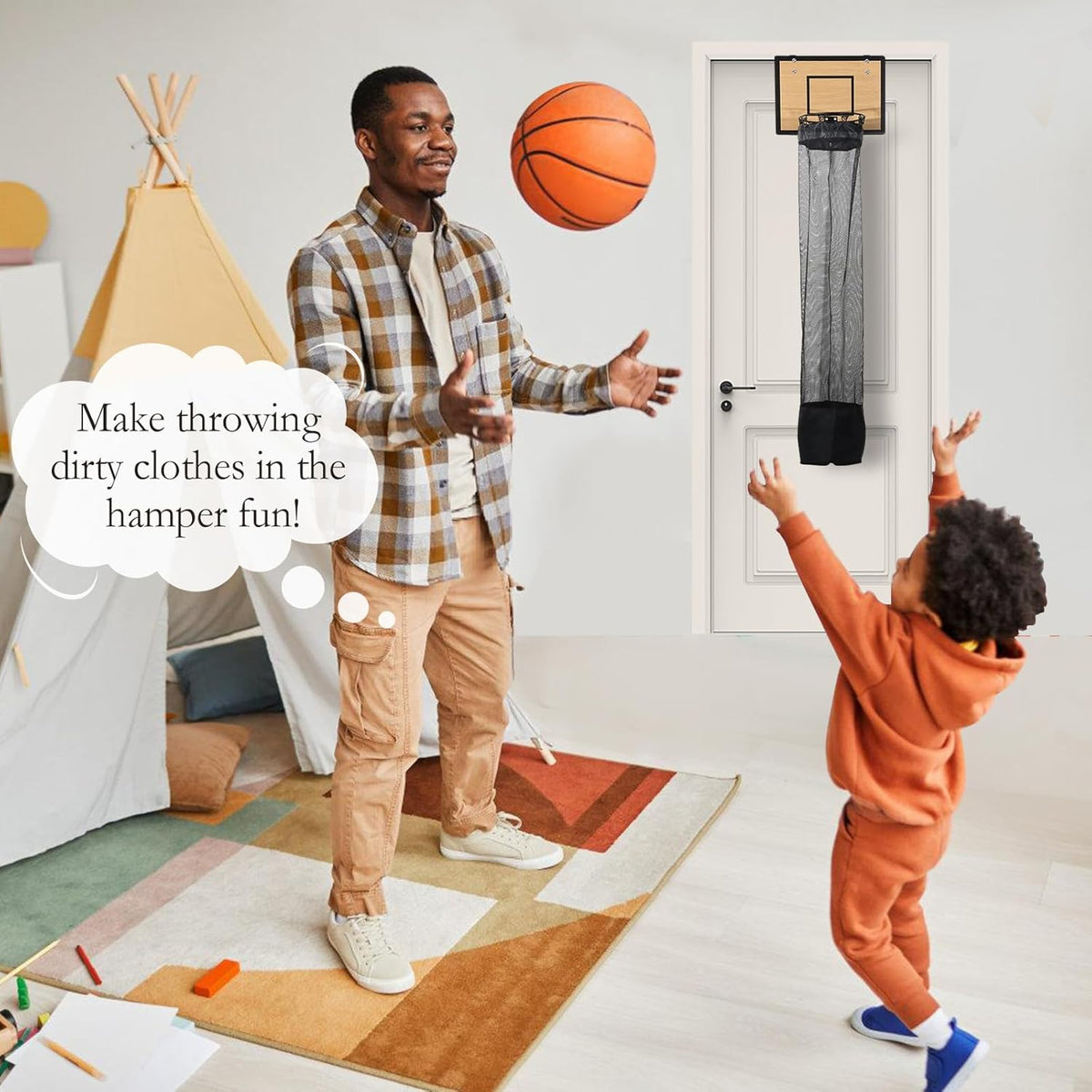 Skiennix Over The Door Basketball Hoop Laundry Basket - Space-Saving Wooden Hamper for Kids' Rooms & Dorms