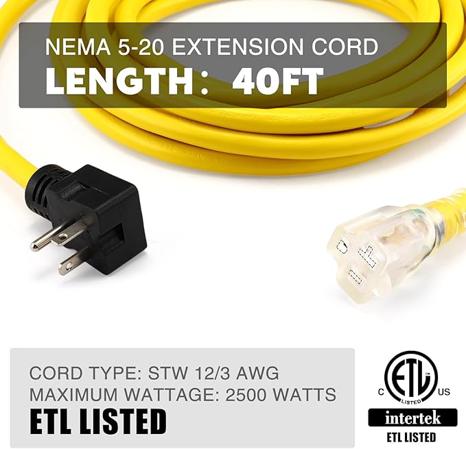 Kanayu 40 FT NEMA 5-20 Extension Cord, 5-20P Male Plug to 5-20/5-15R Female Receptacle, 20 Amp T-Blade Outlet Extension Power Cord with Indicator Light, 12 AWG, ETL Listed
