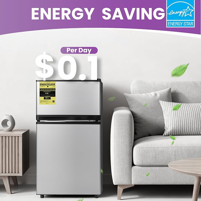 Tehanld 3.6 Cu.Ft Mini Fridge with Freezer for Dorm Office, Silver | Double Door Compact Refrigerator with Low Noise Technology, Removable Shelves for Bedroom and Apartment Storage