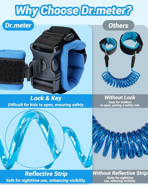 Dr.meter Toddler Leash - 2 Pack Safety Anti-Lost Wrist Link with Key Lock | Reflective Harness, 8.2ft Blue + 4.92ft Orange