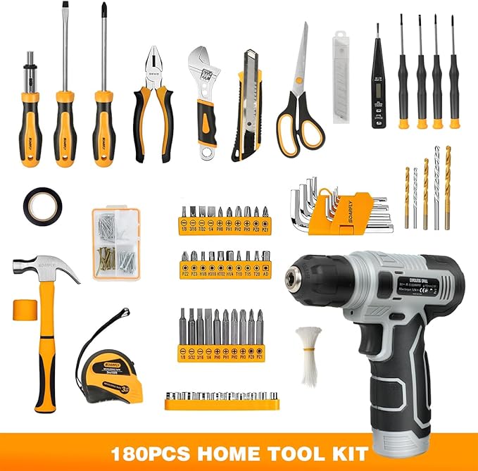 SOARFLY Upgradd 180 Piece Tool Set - Tool Box with 8V Cordless Drill, Hand Drill Set for Men & Women, Home Tool Kit with Hand Tools for House Repair, DIYers, Homeowners & Handymen