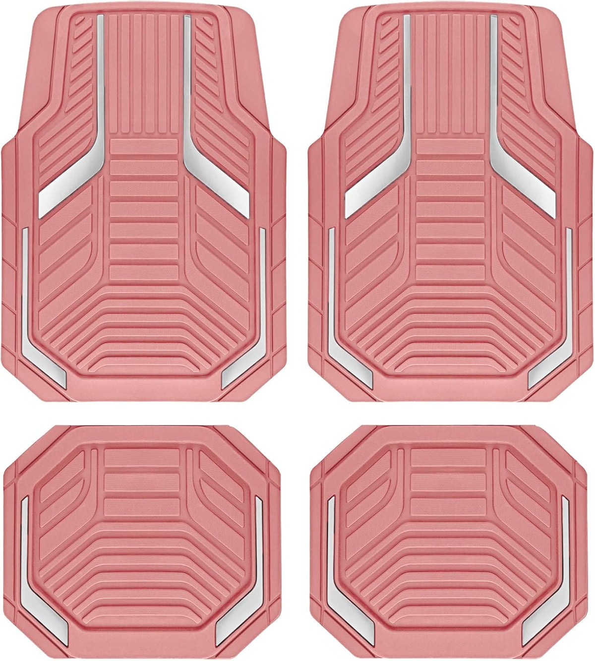PIC AUTO Heavy Duty Pink Rubber Floor Mats, Silver Aluminum Film Car Mats Set, Front and Rear Car Mats with Anti-Slip Backing, All Weather Protection, Trim-to-Fit for Automotive SUV, Sedan, Van