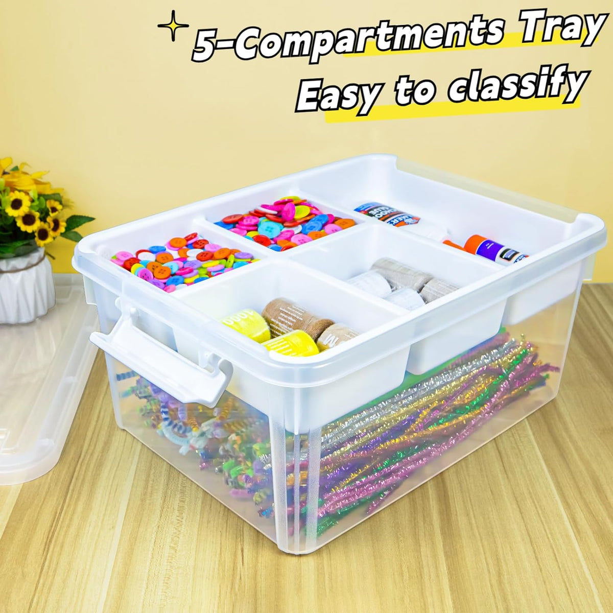 Creahaus 17 Quart Plastic Storage Box with Removable Tray Durable Craft Organizers and Storage Stackable Storage Container for Organizing Bead, Art, Sewing, Playdoh (Clear)