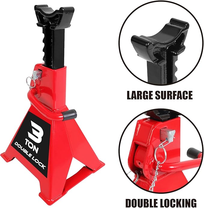 Big RED Torin 3 Ton Steel Heavy Duty Jack Stands: Double Locking Pins - Red, 1 Pair (2 Pack)