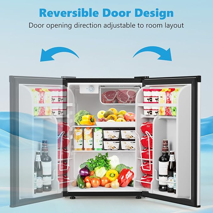 COWSAR 2.6 Cu.Ft Mini Fridge with Freezer, Quiet Reversible Door Compact Refrigerator, Small Refrigerator with 2 Removable Shelves, Adjustable Thermostat, for Office, Bedroom, Dorm, Silver