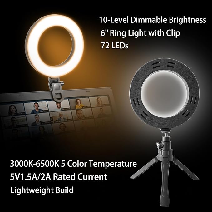 6" Ring Light Video Conference Kit, 5-Color 10-Brightness Clip-On Light