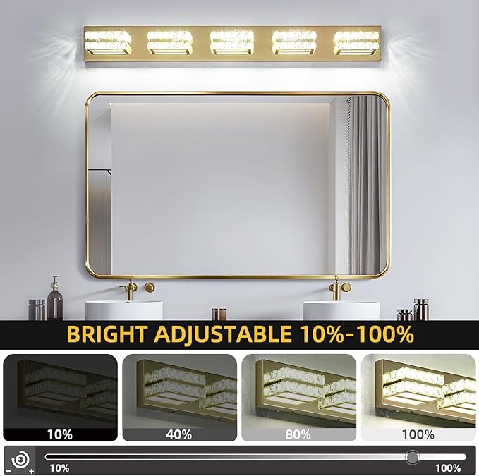 OKELI Crystal Vanity Lights LED Bathroom Vanity Light Fixture Over Mirror Modern Indoor Lamp, 6000K Cold White Dimmable, 5-Lights, 32W, ETL Listed