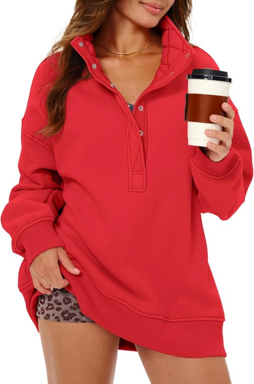 Gacaky Women's Oversized Sweatshirt - Casual Button Henley Neck Long Sleeve Fleece Pullover | Fall Fashion Top