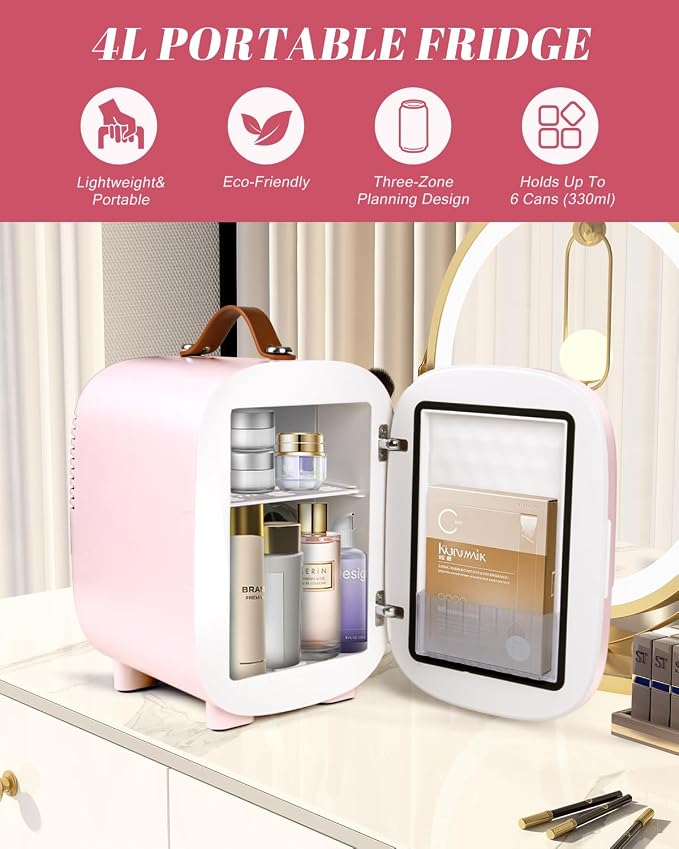 Mini Fridge for Bedroom, 4 Liter/6 Can Skincare Fridge With LED Mirror & Leather Carrying Handle,12v AC/DC Cooler & Warmer Portable Small Refrigerator for Drinks, Makeup, Dorm, Office and Car(Pink)