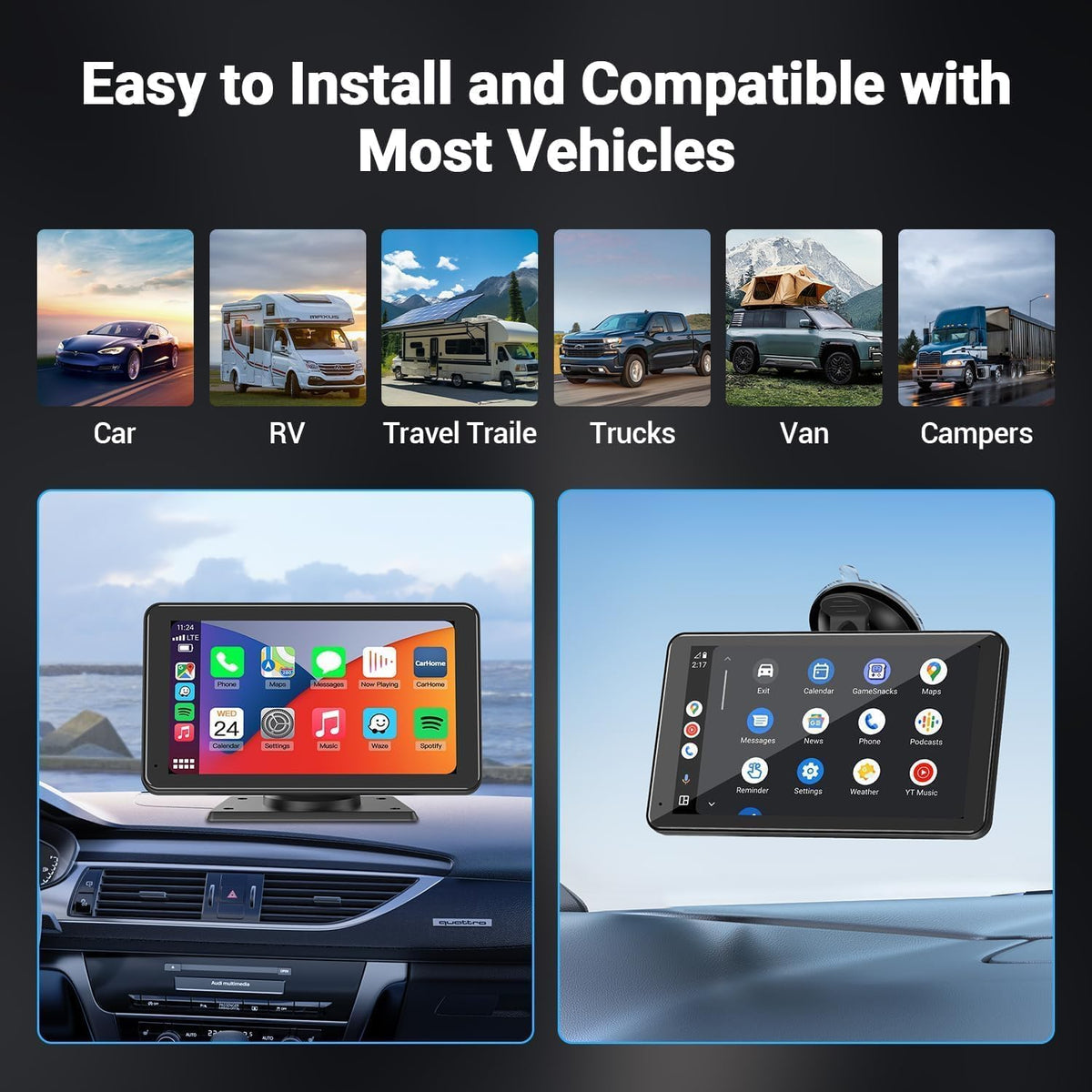 Carplay Wireless Portable Touchscreen Car Stereo Bluetooth Voice Control 7" for Apple Car Play & Android Auto Car Audio HD Screen with 1080p Backup Camera GPS Navigation/Mirror Link Fits All Cars