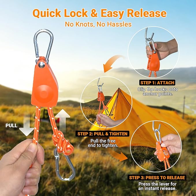 Rope Ratchet 1/4 inch Longer 13ft Paracord Rope Tie Down Ratchet Strap Reflective Portable Adjustable Camping Rope Tent Tarp Tie Downs Plant Light Hangers Pulley Tightener Tensioner 2 Pack