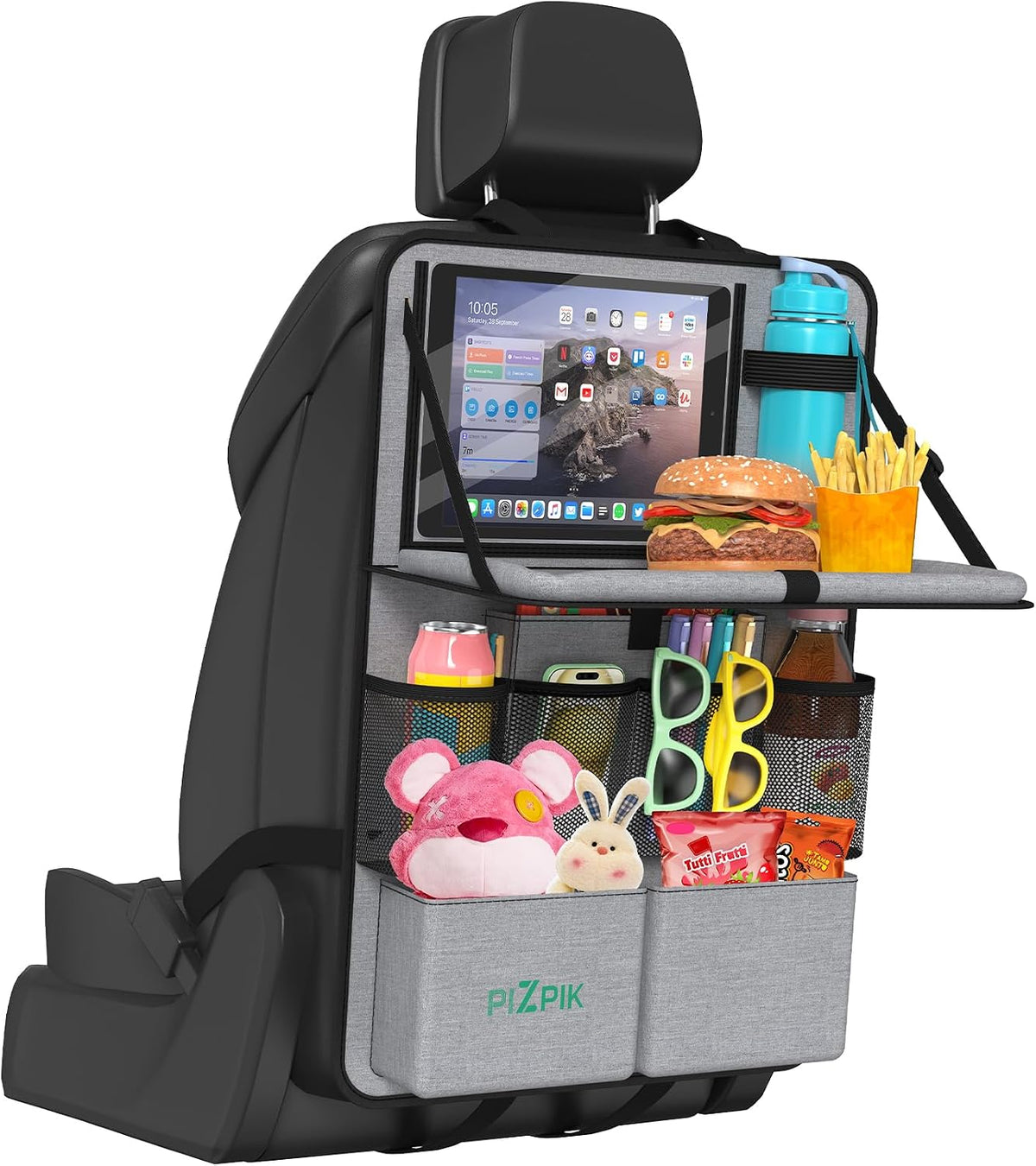 Plzpik Car Backseat Organizer with Tablet Holder,11 Storage Pockets with Foldable Food Tray, Protector Kick Mats for Kids, Travel Accessories Organizer (Orange, 1Pack)