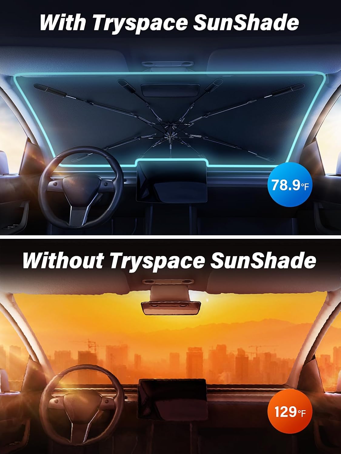2026 TrySpace Car Windshield Sun Shade Umbrella - [Silver Heat Shield & UV Reflective] Protector for Cars, Universal Fit Medium (56"x31") | 25°F Cooler, Friendly Vinyl Coatings Medium