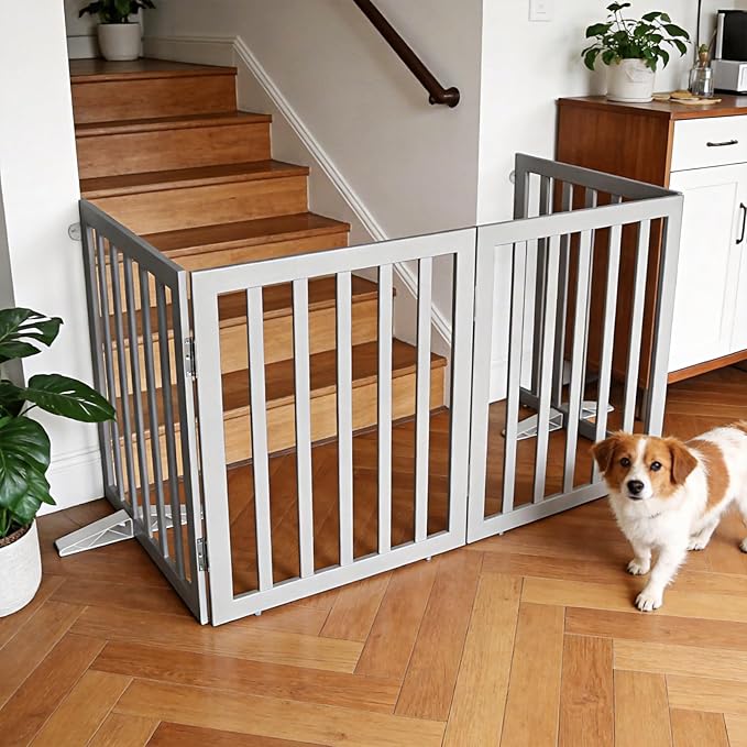 ZJSF Freestanding Indoor Dog Gate for House Foldable Wood Puppy Gate for Doorways Pet Gate for Stairs Extra Wide Pet Fence, Grey, 32" Height 6 Panels