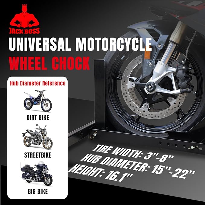 Jack Boss Motorcycle Wheel Chock, Motorcycle Stand Up to 1800LBs, Wide Range 3 Inch to 5 Inch Support Adjustable Front Tire Stand Chocks for Trailer and Truck, Suitable for Most Motorcycles