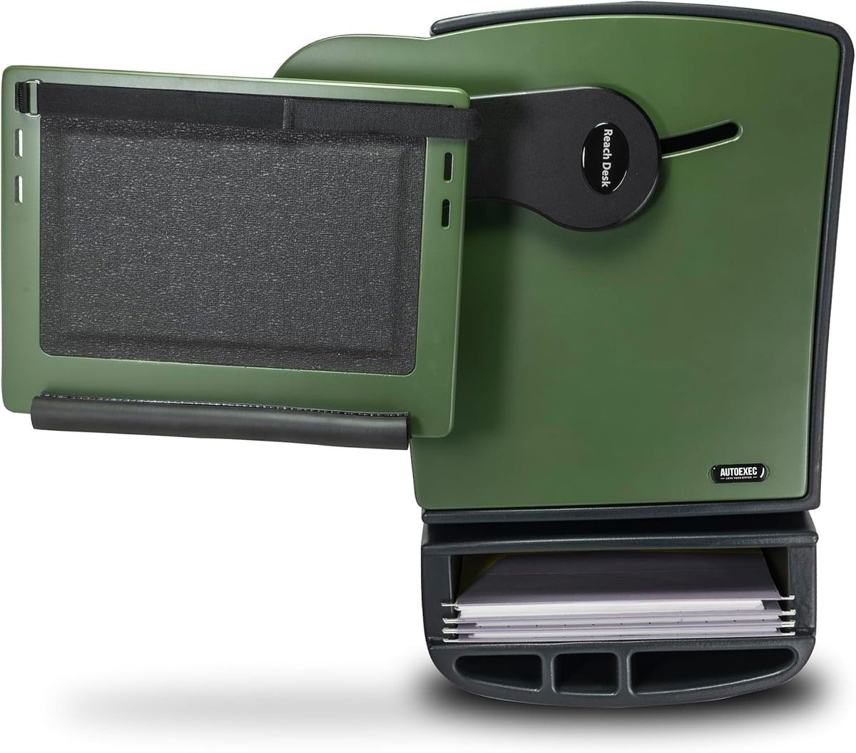 AutoExec Reach Car Desk for Your Vehicle Workstation and Mobile Office, Front Seat Army Green with 400 watt Power Inverter, Printer Stand and Phone Mount