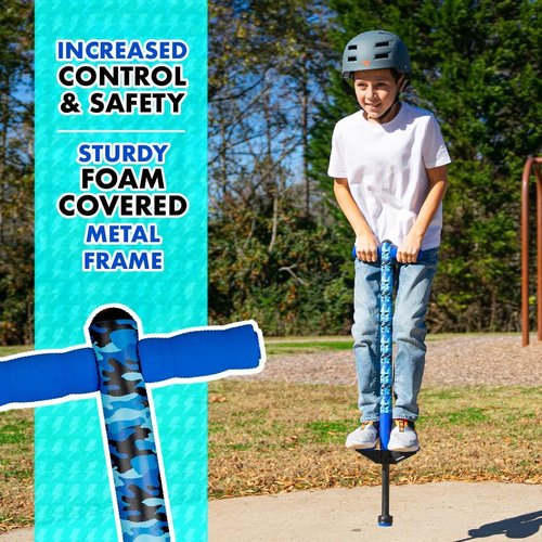 Flybar Pogo Stick for Kids - Easy Grip Foam Handles & Anti-Slip Foot Pegs | 40-80 lbs, Jolt Blue Camo