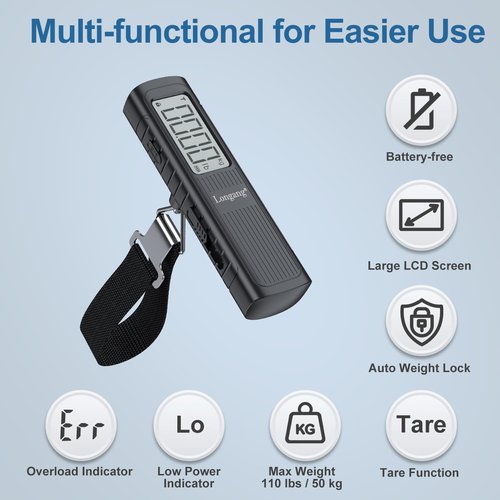 Battery-Free Digital Luggage Scale - 110lbs Capacity | Portable Handheld Scale for Travel (Black)