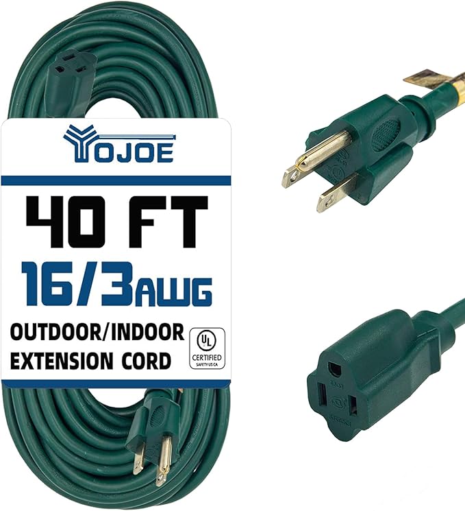 YOJOE Indoor Outdoor Extension Cord, 3 Prong 13A Weatherproof Power Cord, 16 Gauge Heavy Duty 40 ft Green Extension Cord for Garage, Garden and Home, 16/3 SJTW UL Listed