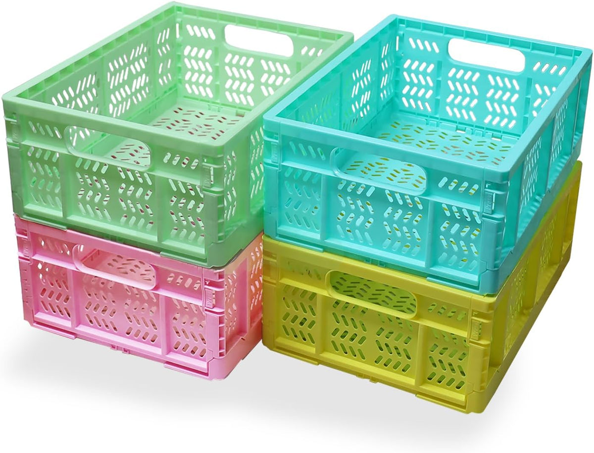 20L Folding Crate, 4Pack Plastic Storage Baskets Organizer for Home and Office,Collapsible Storage Crates for Home Office and Outdoor Organizer. (Mix Colors)