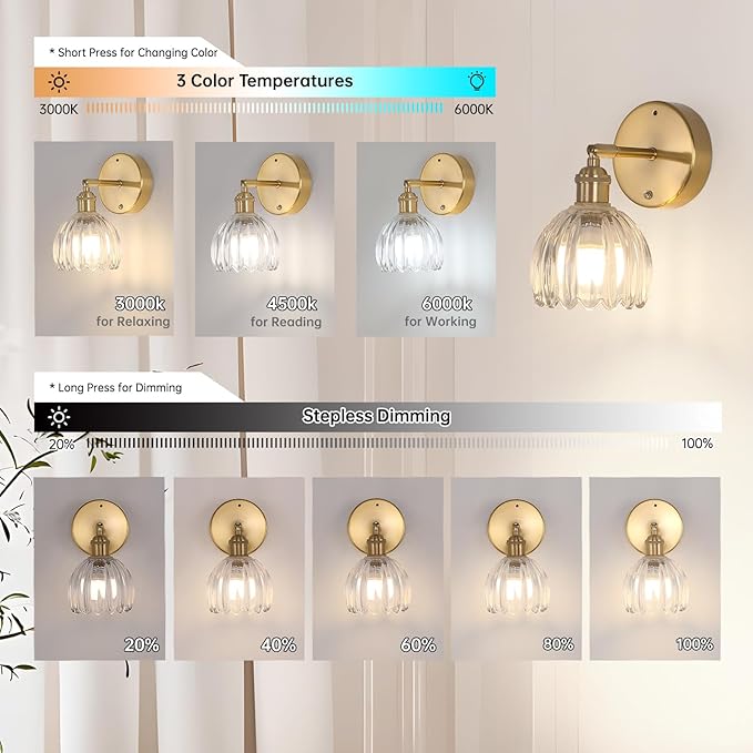 Battery Operated Vintage Wall Sconces with Transparent Tulip Glass Lampshade Battery Powered Wall Lighting for Bedside Bedroom Doorway, Set of 2