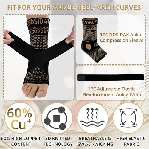 Copper Ankle Brace - Compression Sleeve with Arch Support for Plantar Fasciitis Relief | Unisex